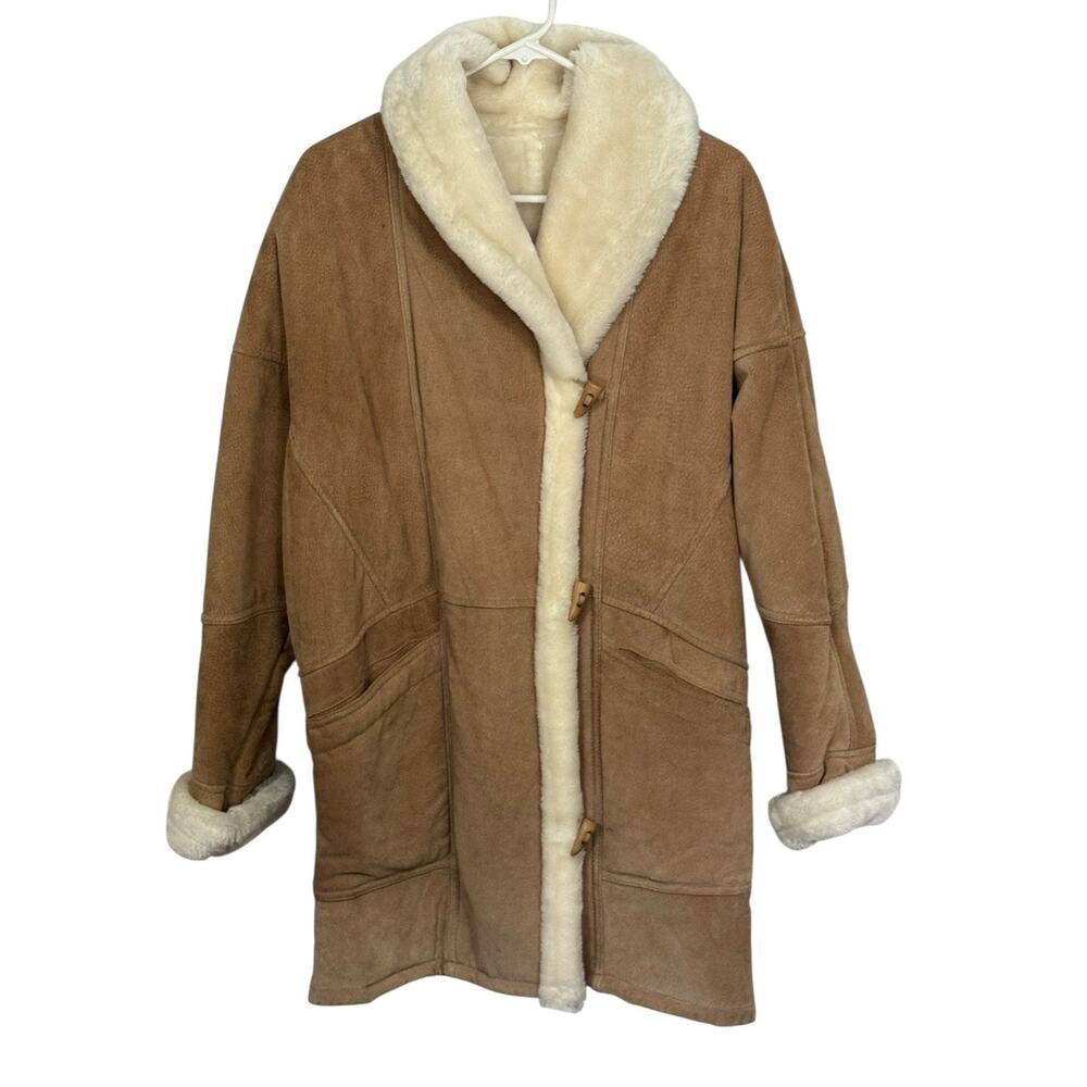 VTG Wilson’s Tan Leather Women’s Coat Medium Faux Fur Lined Winter Shoulder Pads